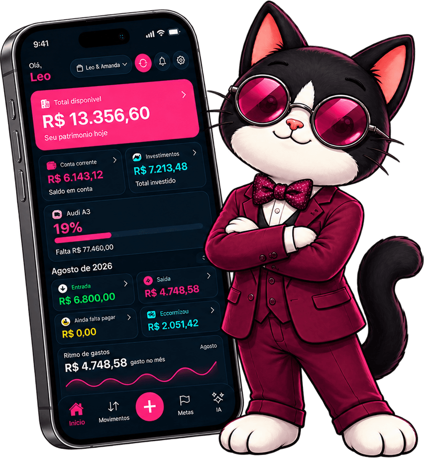 Mascote gato do Cat Labs de terno vinho e óculos rosa ao lado de um iPhone com o app Cat Labs aberto