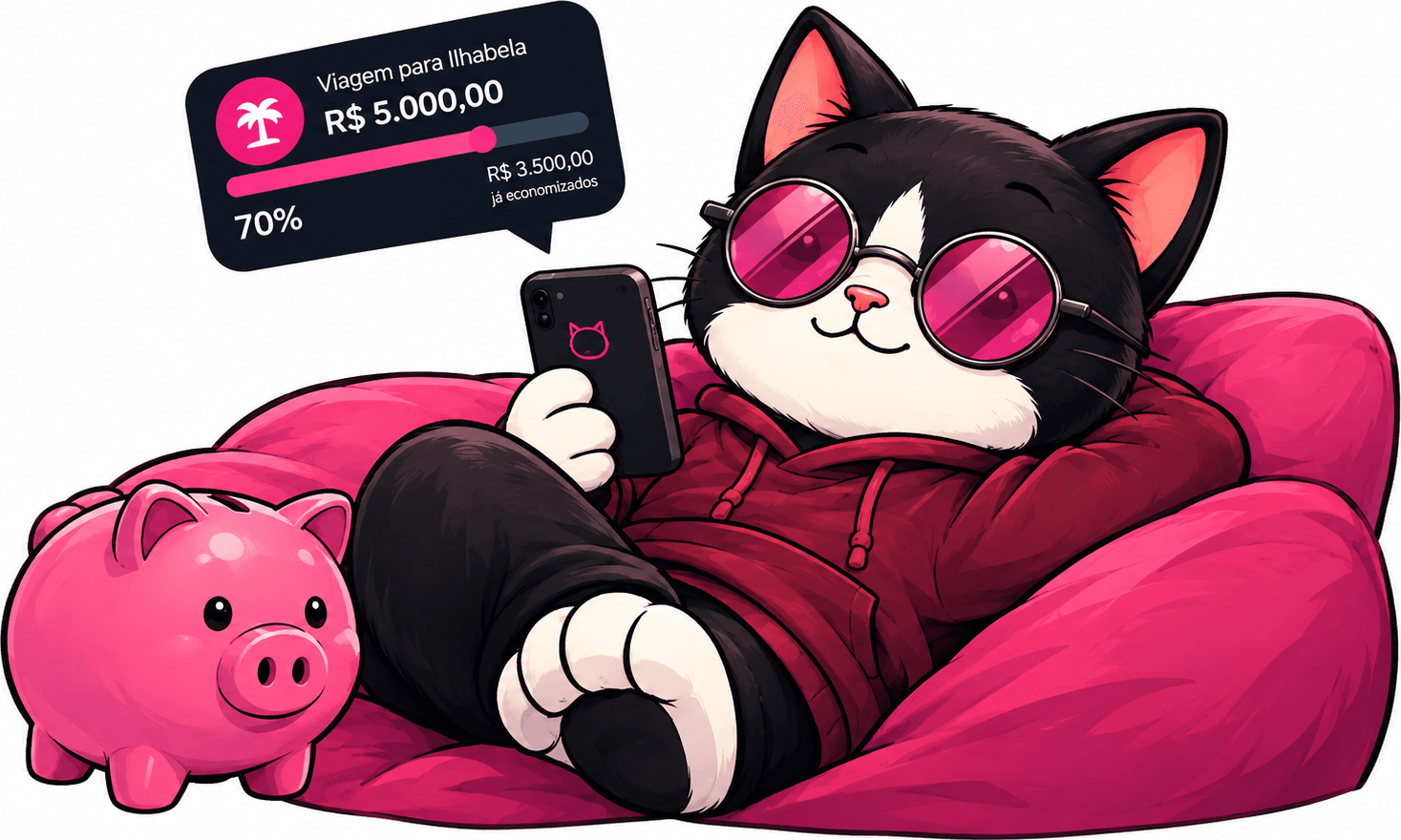 Gato do Cat Labs relaxando numa pufe com um cofrinho e a meta 'Viagem para Ilhabela' em 70%